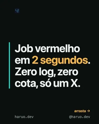 Reel em tipografia cinética, fundo escuro; primeiro quadro: "Job vermelho em 2 segundos. Zero log. Zero cota. Só um X.", com "2 segundos" em âmbar e o logo haruo.dev.