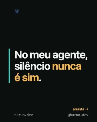 Reel em tipografia cinética sobre fundo escuro; primeiro quadro: "No meu agente, silêncio nunca é sim.", com "nunca é sim" em âmbar e o logo haruo.dev.